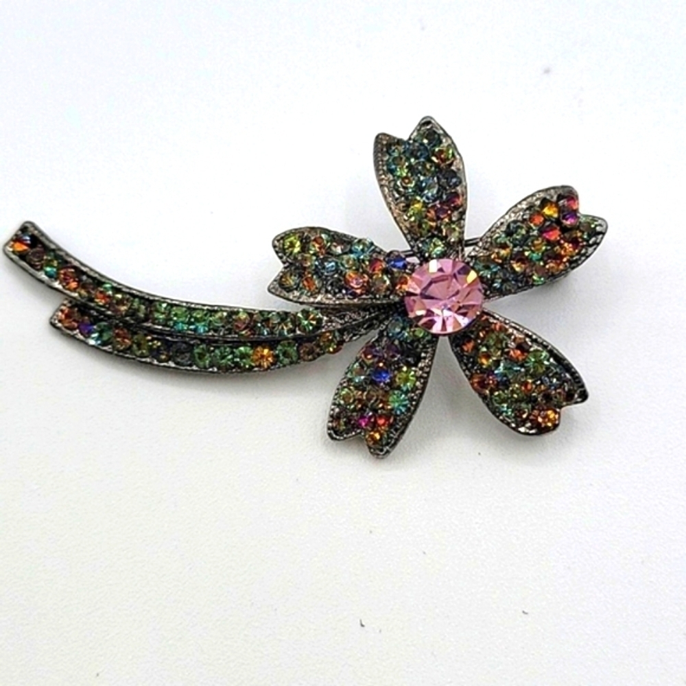 Vintage Aurora Borealis Flower Brooch Chrome Metal